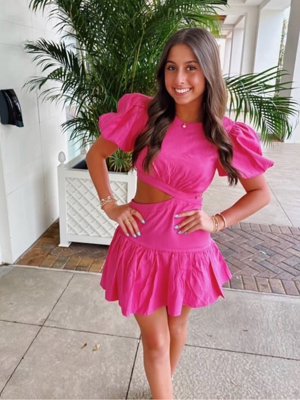 DO+BE Pink Asymmetrical Puff Sleeve Cutout Dress